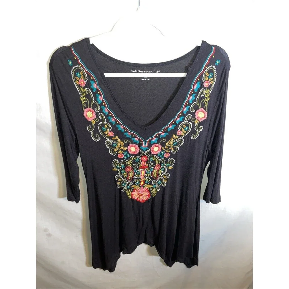 Soft Surroundings Women’s Dressy Tunic Size Small Black Embroideried Going Out